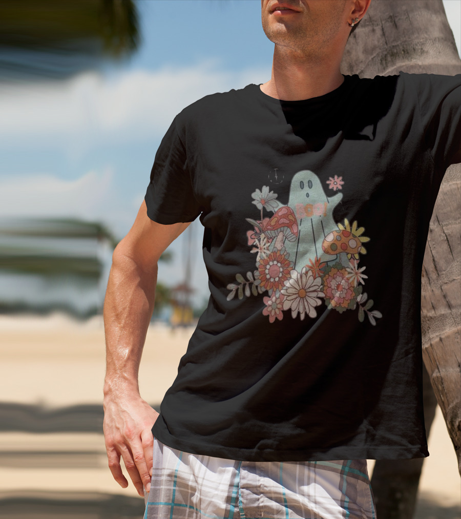 Hippie Boo Ghost With Flowers And Colorful Mushrooms T-Shirt