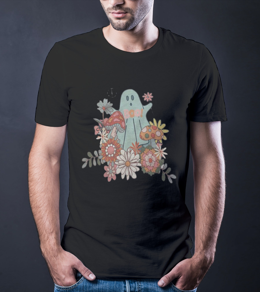 Hippie Boo Ghost With Flowers And Colorful Mushrooms T-Shirt