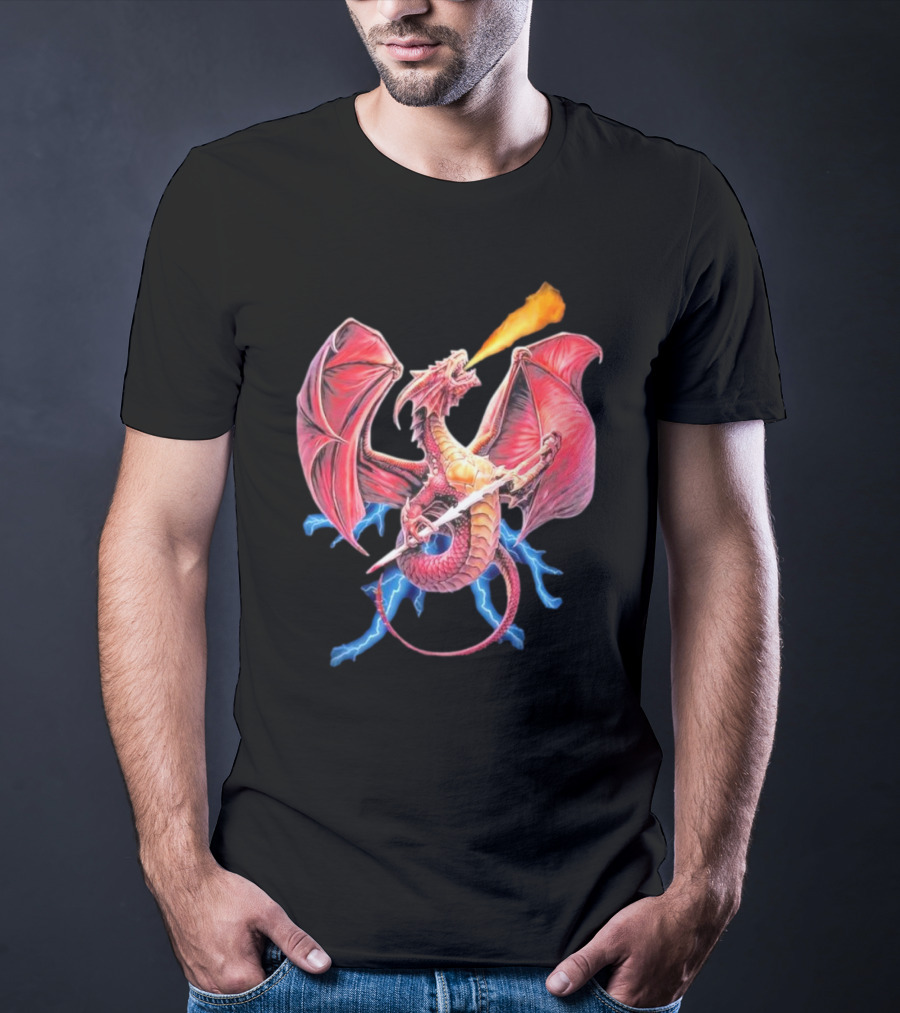 Red Dragon Breathing Fire Holding Sword Flying With Lightning In Background T-Shirt