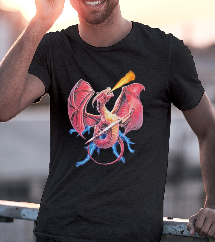 Red Dragon Breathing Fire Holding Sword Flying With Lightning In Background T-Shirt