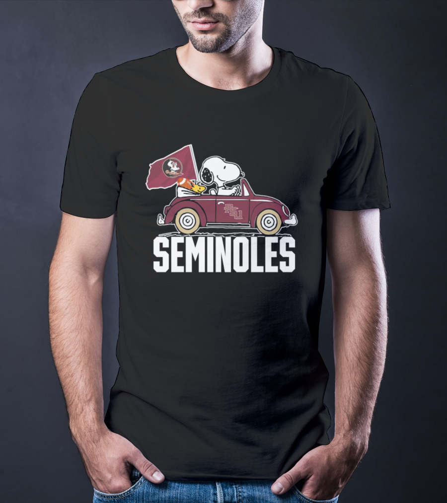Snoopy And Woodstock In Seminoles Car Florida State Flag Peanuts T-Shirt