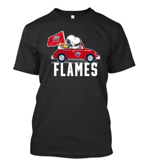Snoopy And Woodstock Driving Liberty University Flames Car T-Shirt