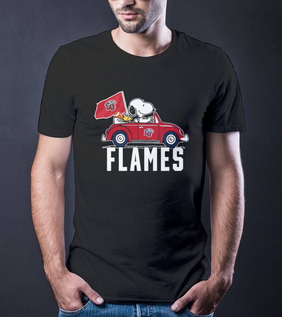 Snoopy And Woodstock Driving Liberty University Flames Car T-Shirt