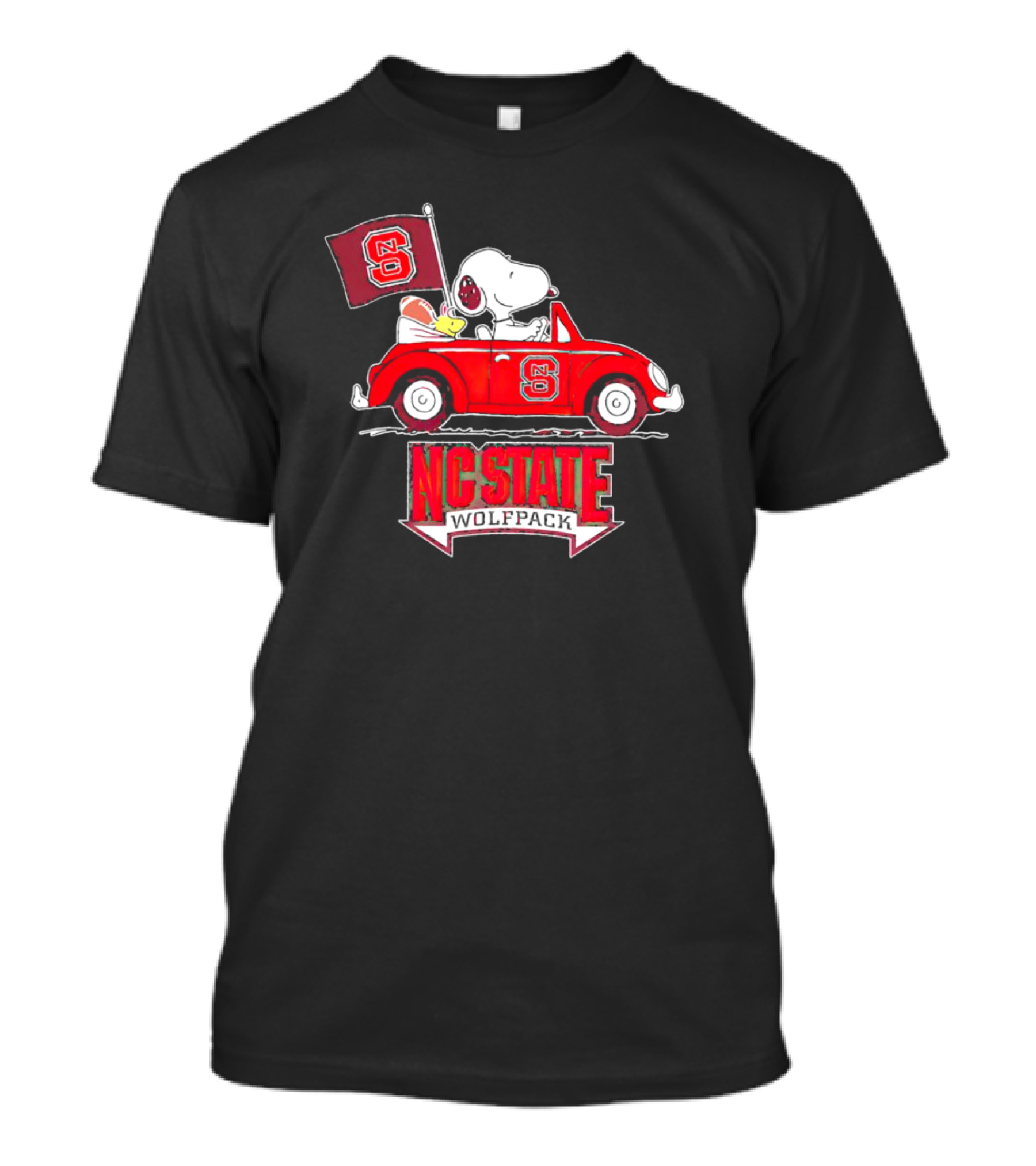 Snoopy And Woodstock Driving Car With NC State Wolfpack Flag T-Shirt