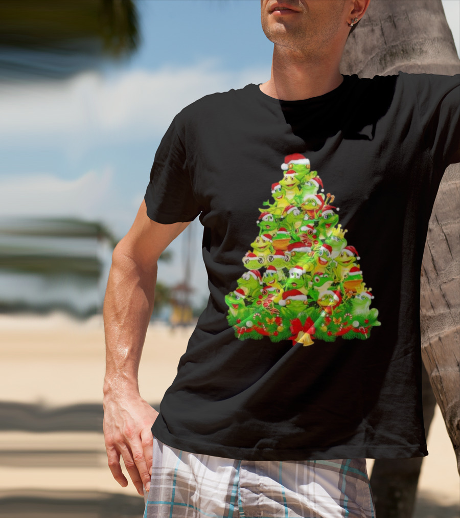 Frogs With Santa Hats Christmas Tree Holiday T-Shirt