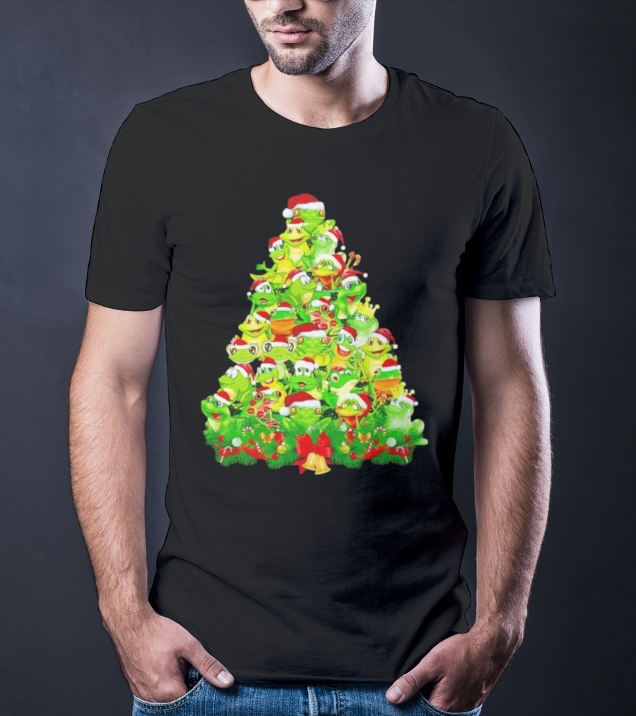 Frogs With Santa Hats Christmas Tree Holiday T-Shirt