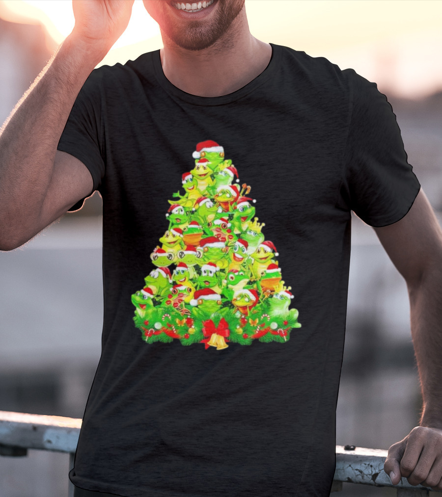 Frogs With Santa Hats Christmas Tree Holiday T-Shirt