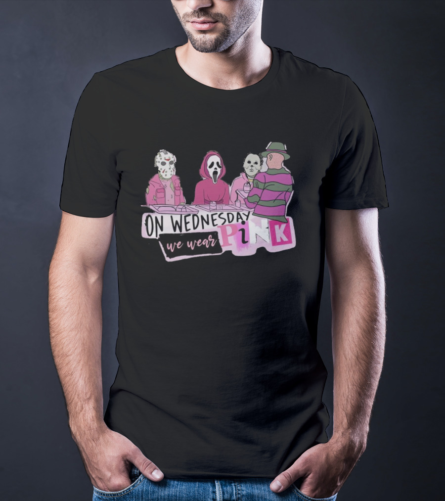 On Wednesday We Wear Pink Horror Movie Characters T-Shirt