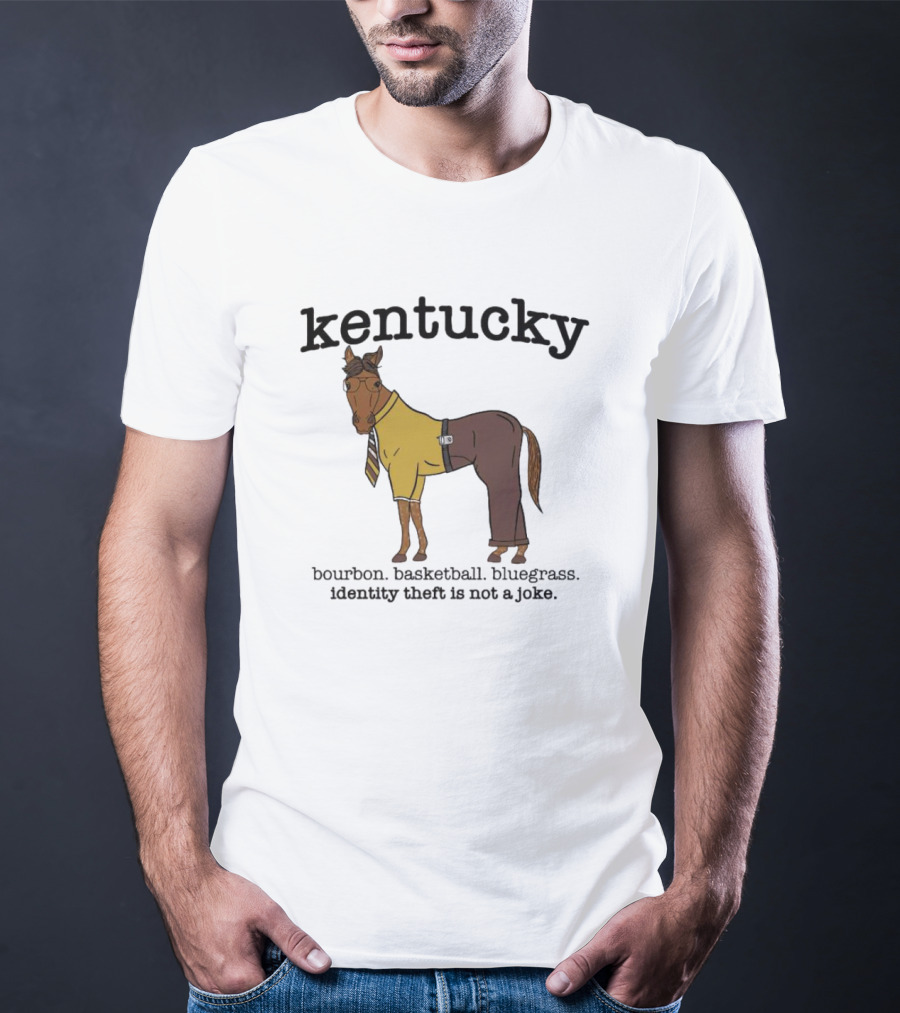 Kentucky Horse In Suit With Bourbon Basketball Bluegrass Identity Theft Not A Joke T-Shirt