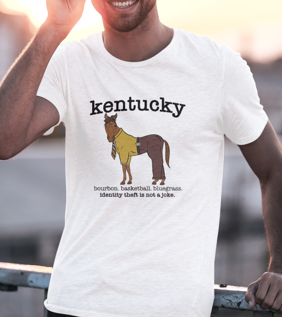 Kentucky Horse In Suit With Bourbon Basketball Bluegrass Identity Theft Not A Joke T-Shirt