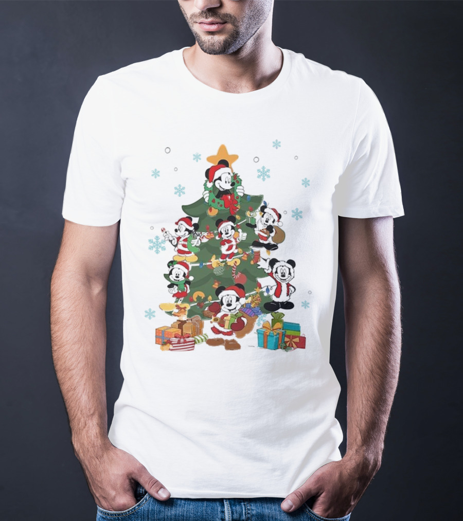 Christmas Tree Mickey Mouse Holiday Characters With Gifts And Snowflakes T-Shirt