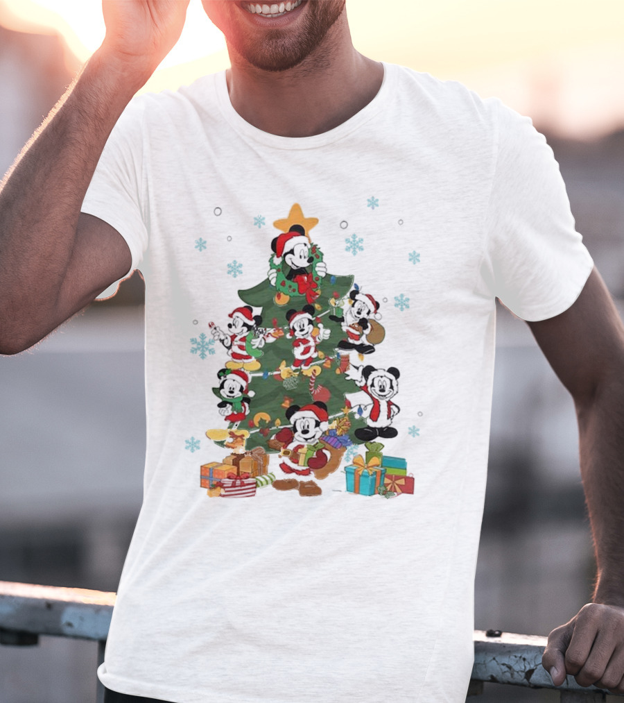 Christmas Tree Mickey Mouse Holiday Characters With Gifts And Snowflakes T-Shirt