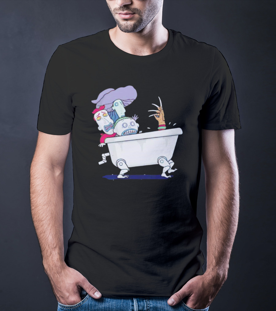 Halloween Scary Bathtub Cartoon Skeletons And Claw Hand T-Shirt