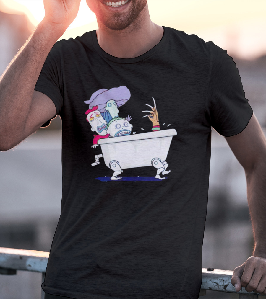 Halloween Scary Bathtub Cartoon Skeletons And Claw Hand T-Shirt