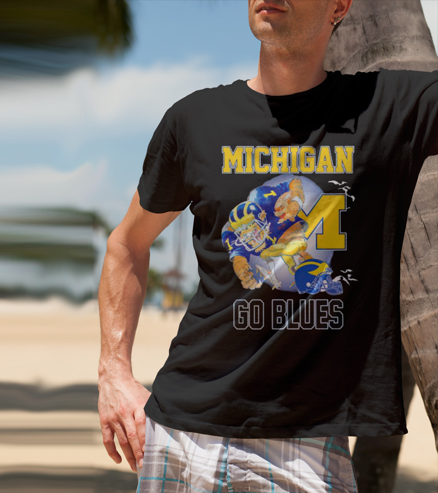 Michigan Wolverines Go Blues Football Player And Helmet T-Shirt