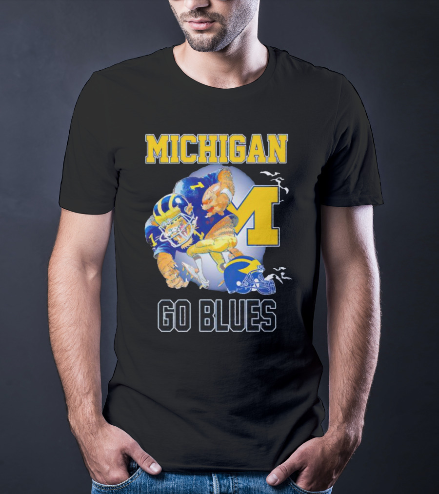 Michigan Wolverines Go Blues Football Player And Helmet T-Shirt