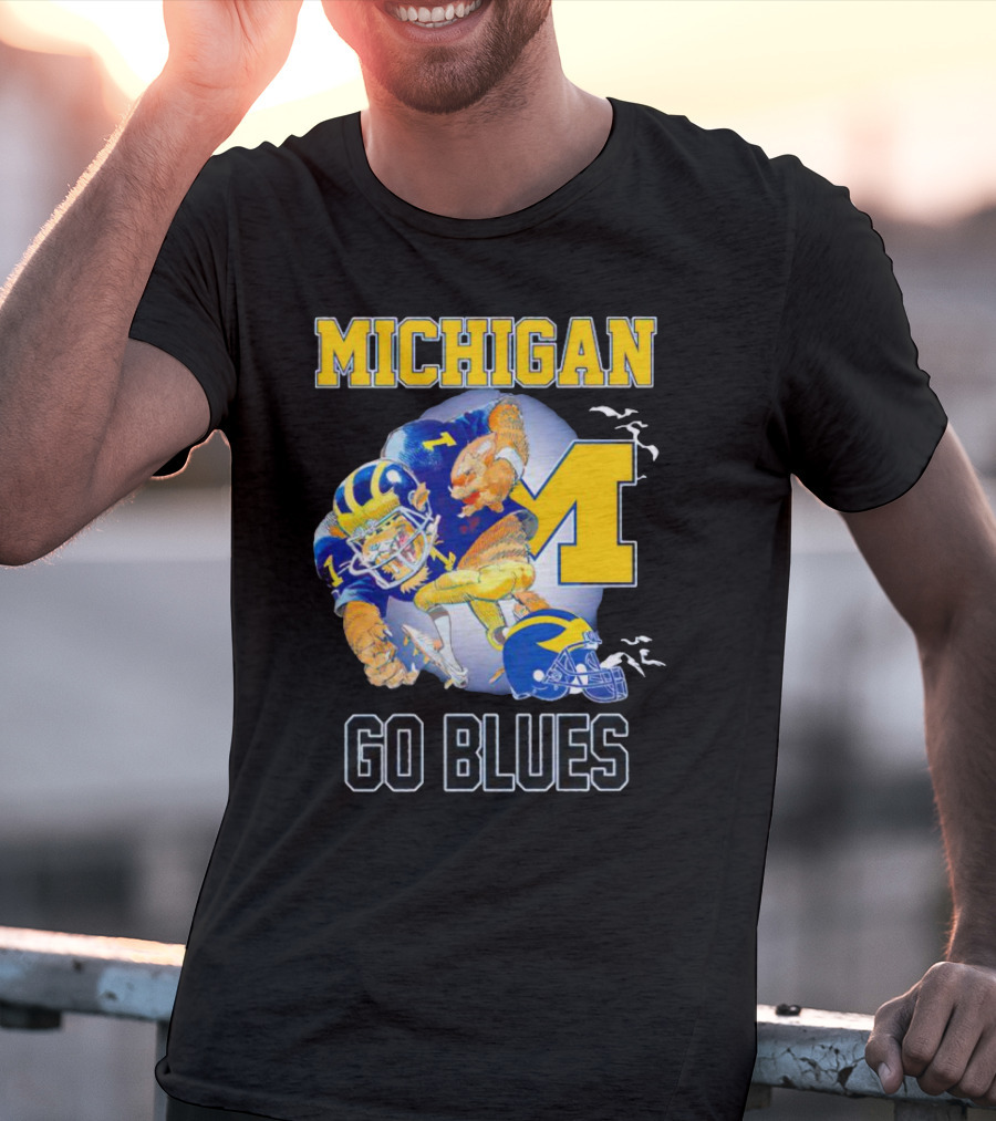 Michigan Wolverines Go Blues Football Player And Helmet T-Shirt