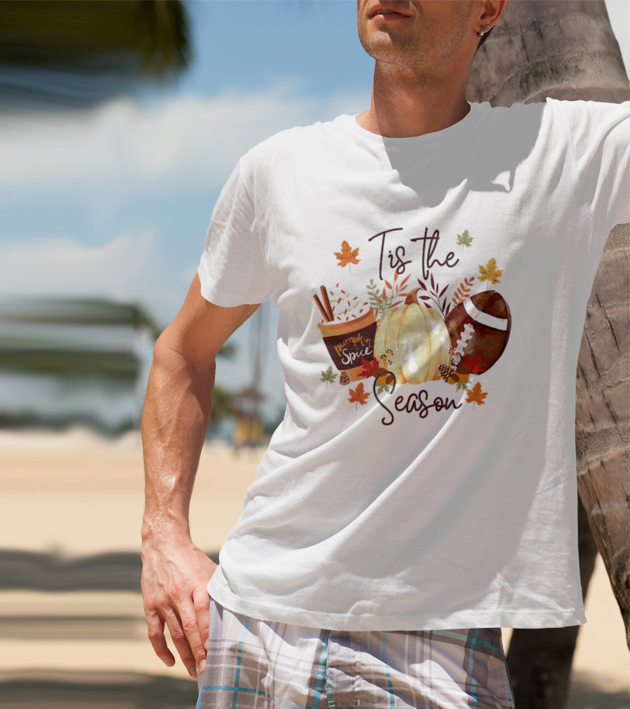 Tis The Season Pumpkin Spice Fall Leaves Football T-Shirt