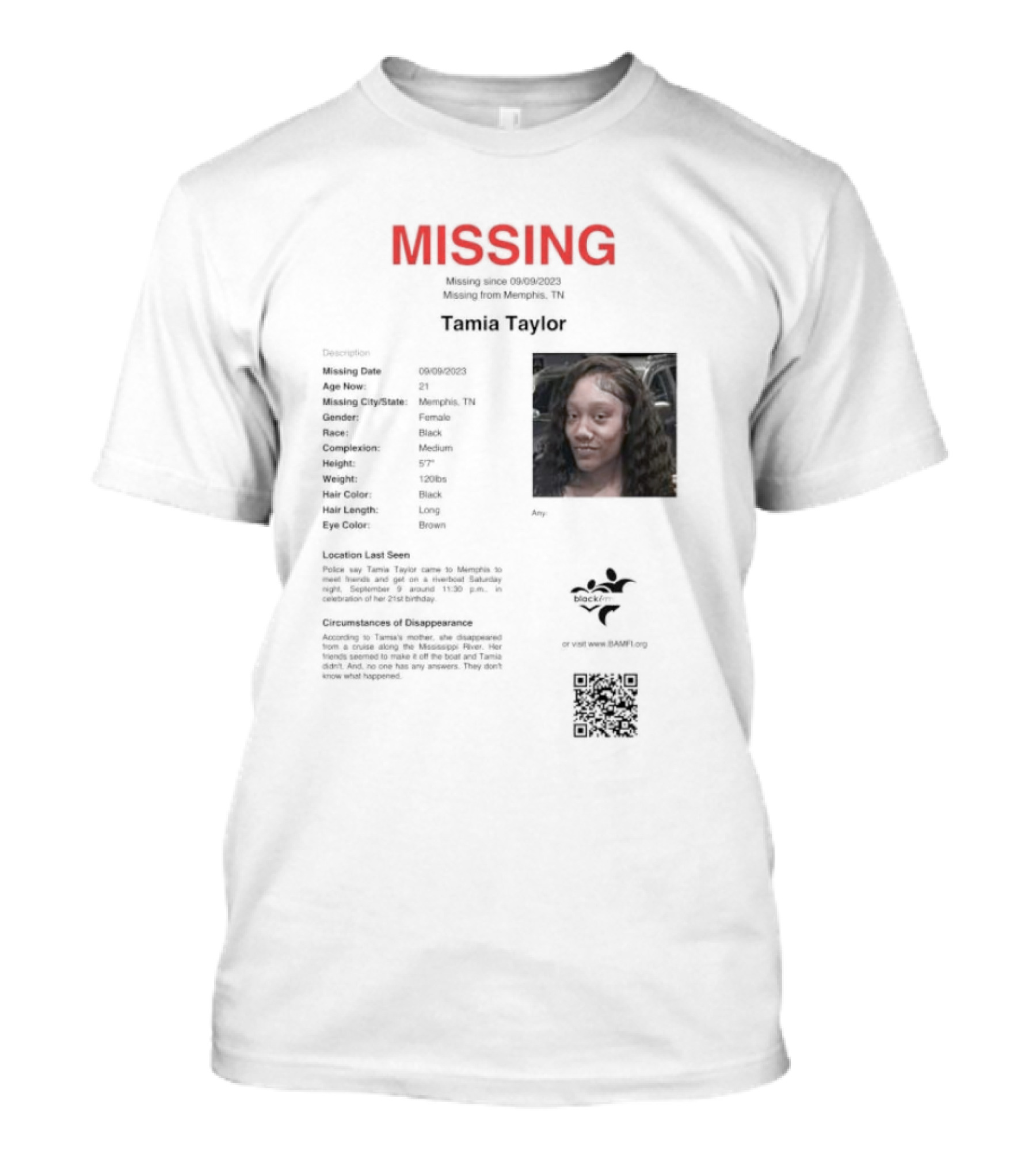 MISSING Tamia Taylor Memphis TN Qr.tips/save.tamia.taylor T-Shirt