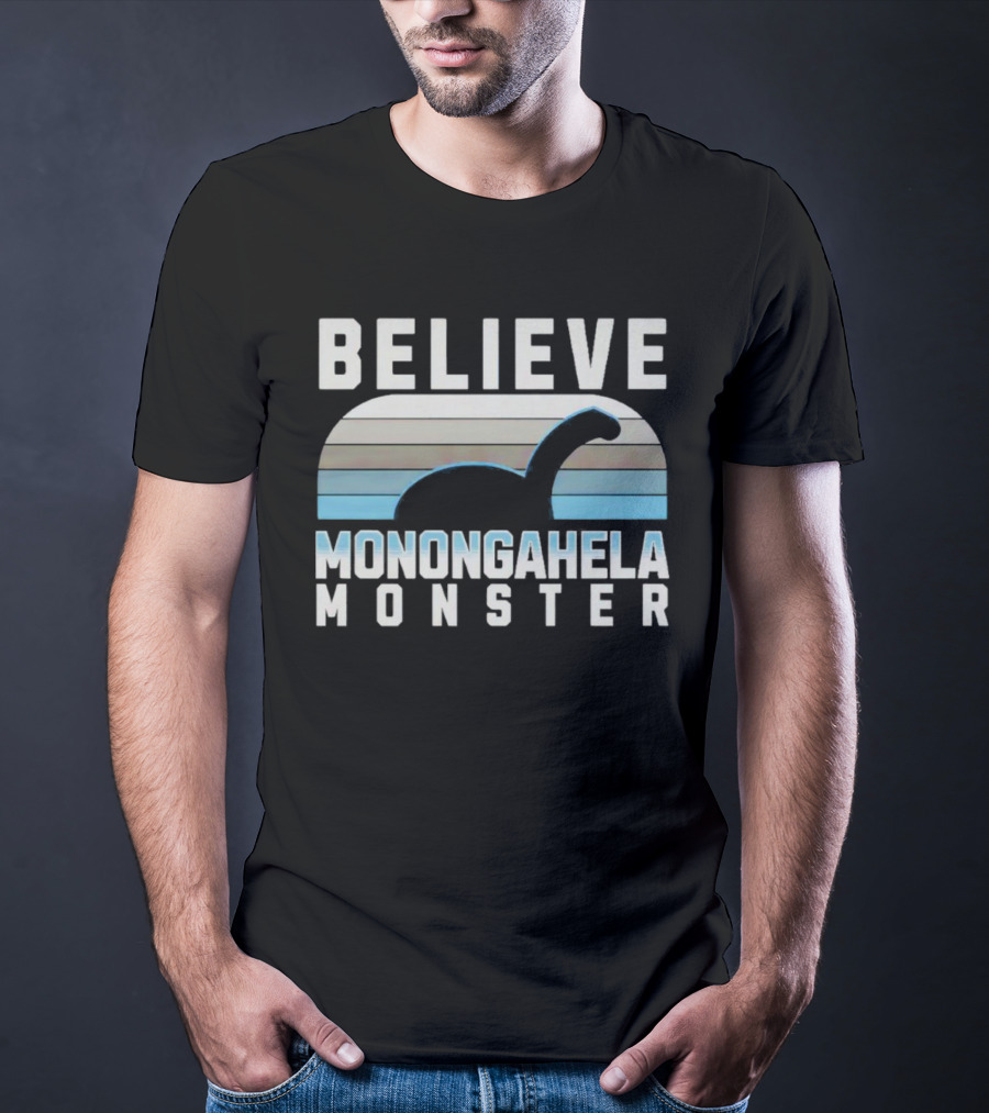 Believe Monongahela Monster Dinosaur Silhouette Striped T-Shirt
