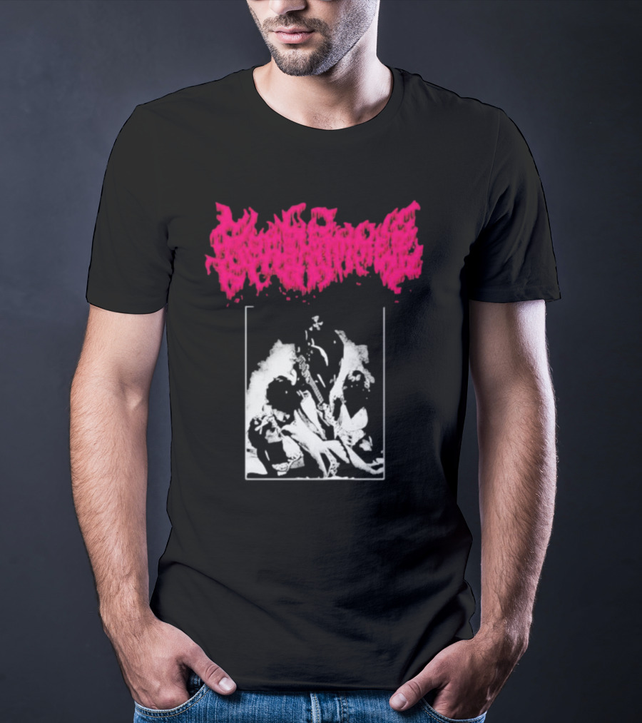 Gorehammer Graphic In Pink Gothic Font With Monochrome Horror Scene T-Shirt