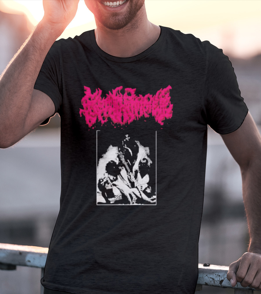 Gorehammer Graphic In Pink Gothic Font With Monochrome Horror Scene T-Shirt