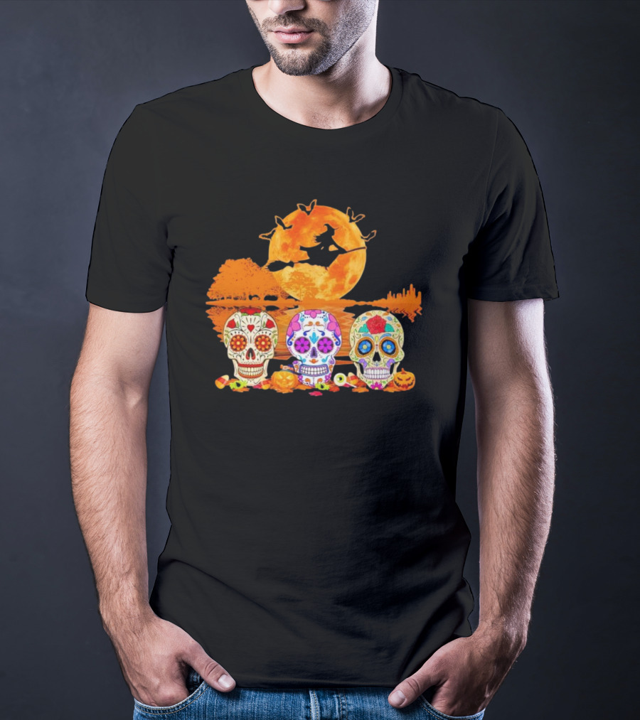 Halloween Witch Sugar Skulls Red Moon Scenic Night T-Shirt