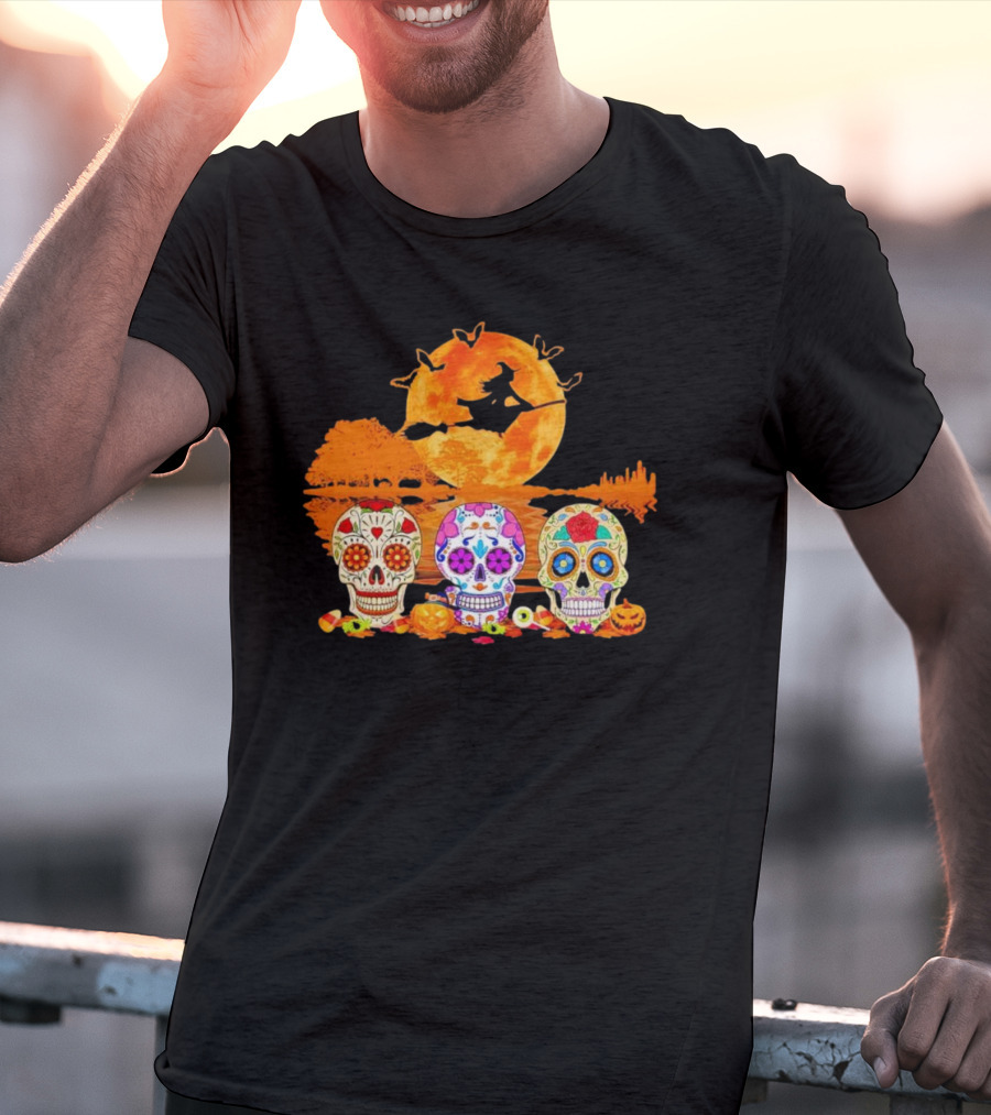 Halloween Witch Sugar Skulls Red Moon Scenic Night T-Shirt