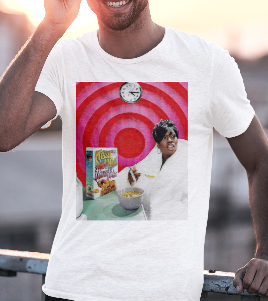 Missy Elliott Flav•O•Fleks Cereal With Red Spiral Clock Background T-Shirt
