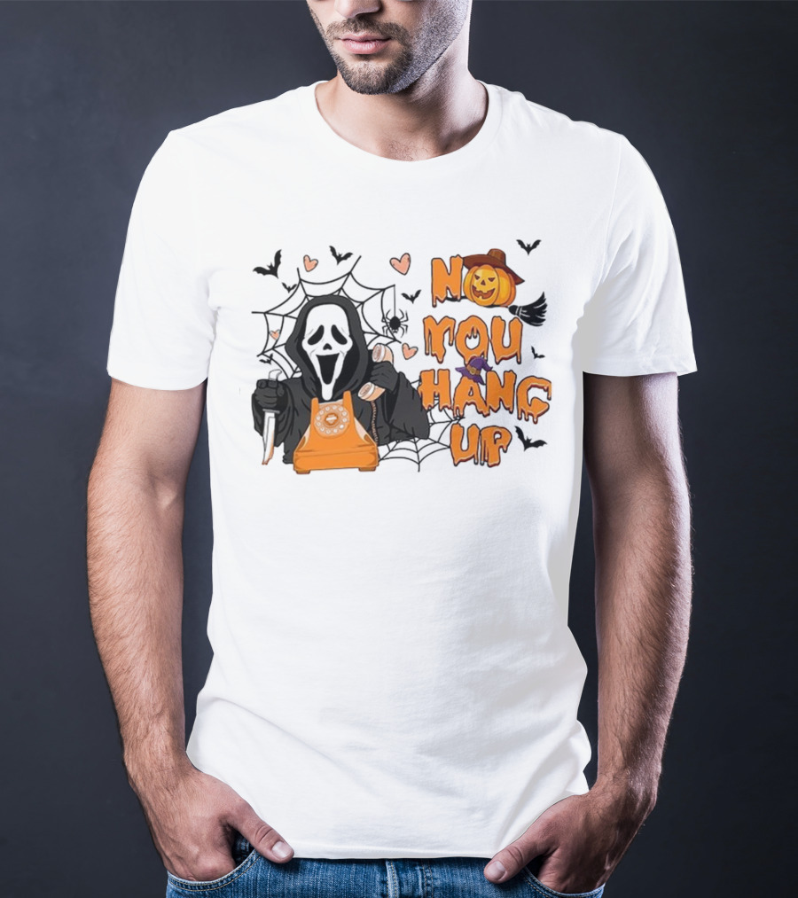 No You Hang Up Ghost With Pumpkin Phone Halloween Bats And Cobwebs T-Shirt