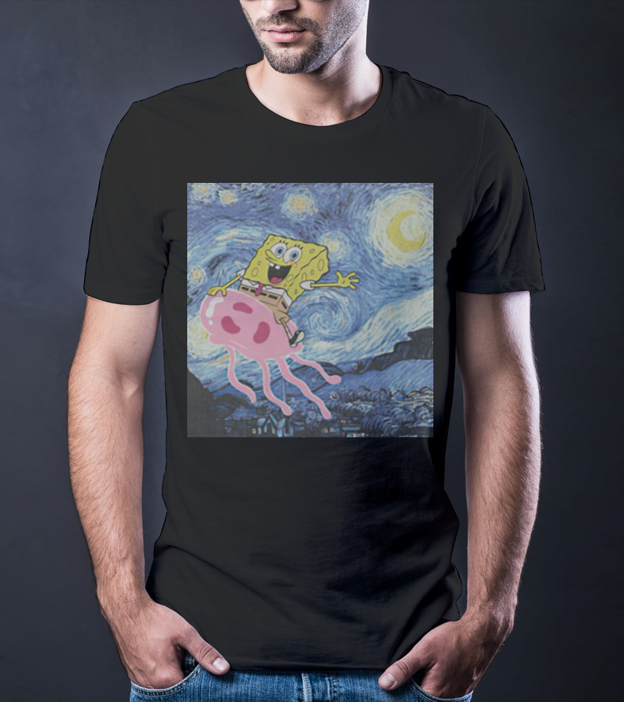 SpongeBob SquarePants Jellyfishing Van Gogh Starry Night Crossover T-Shirt