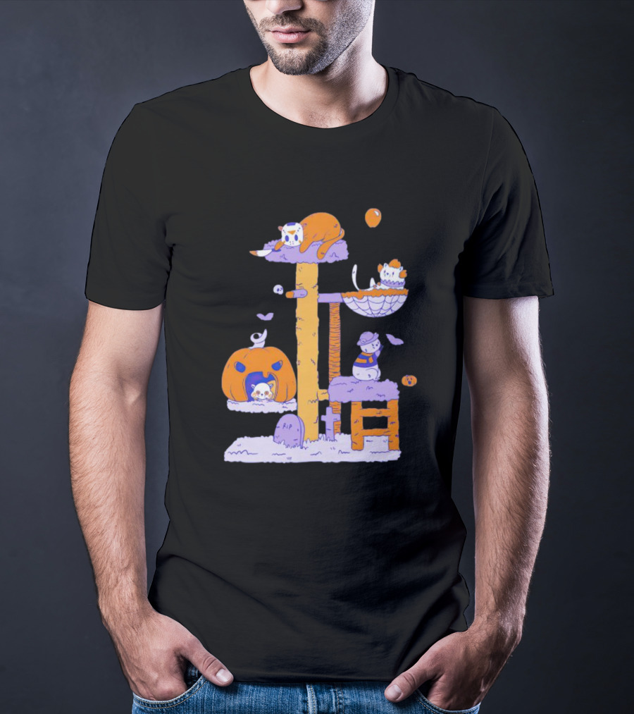 Cats In Halloween Horror Cosplay Playground With Pumpkins And Ghosts T-Shirt