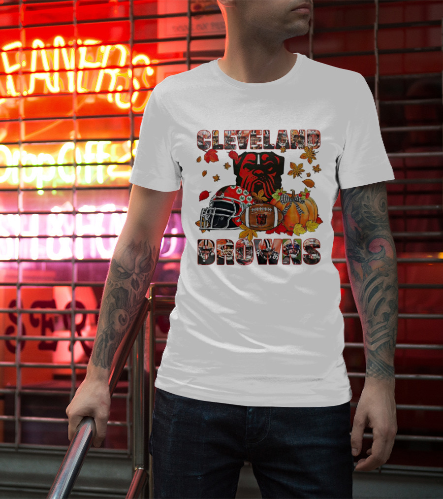Cleveland Browns Fall Helmet Pumpkin Leaves Football Dog T-Shirt