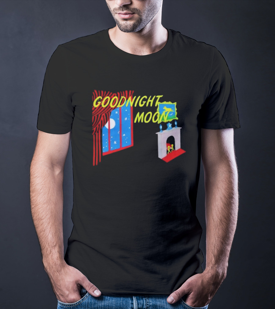 GOODNIGHT MOON Window Night Scene With Fireplace Moon Stars T-Shirt