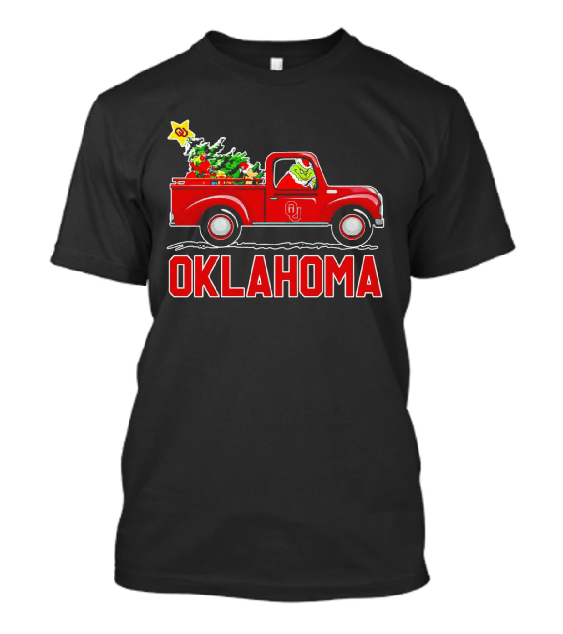 Grinch Driving Red Truck With Christmas Tree And Oklahoma Sooners T-Shirt