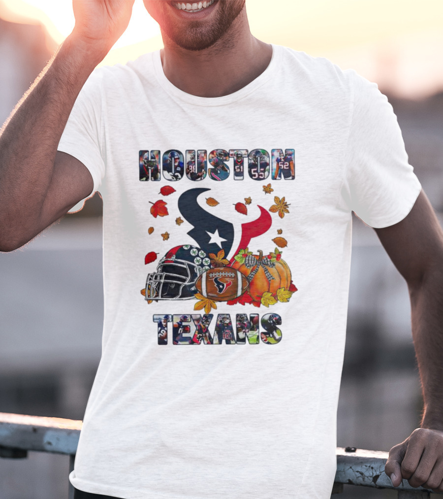 Houston Texans Football Helmet Pumpkin Autumn Leaves T-Shirt