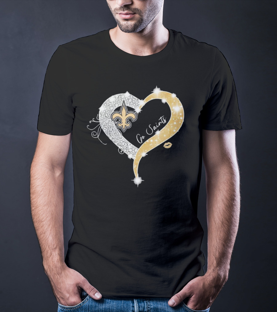New Orleans Saints Go Saints Fleur-de-Lis Diamond Heart With Gold Sparkle T-Shirt