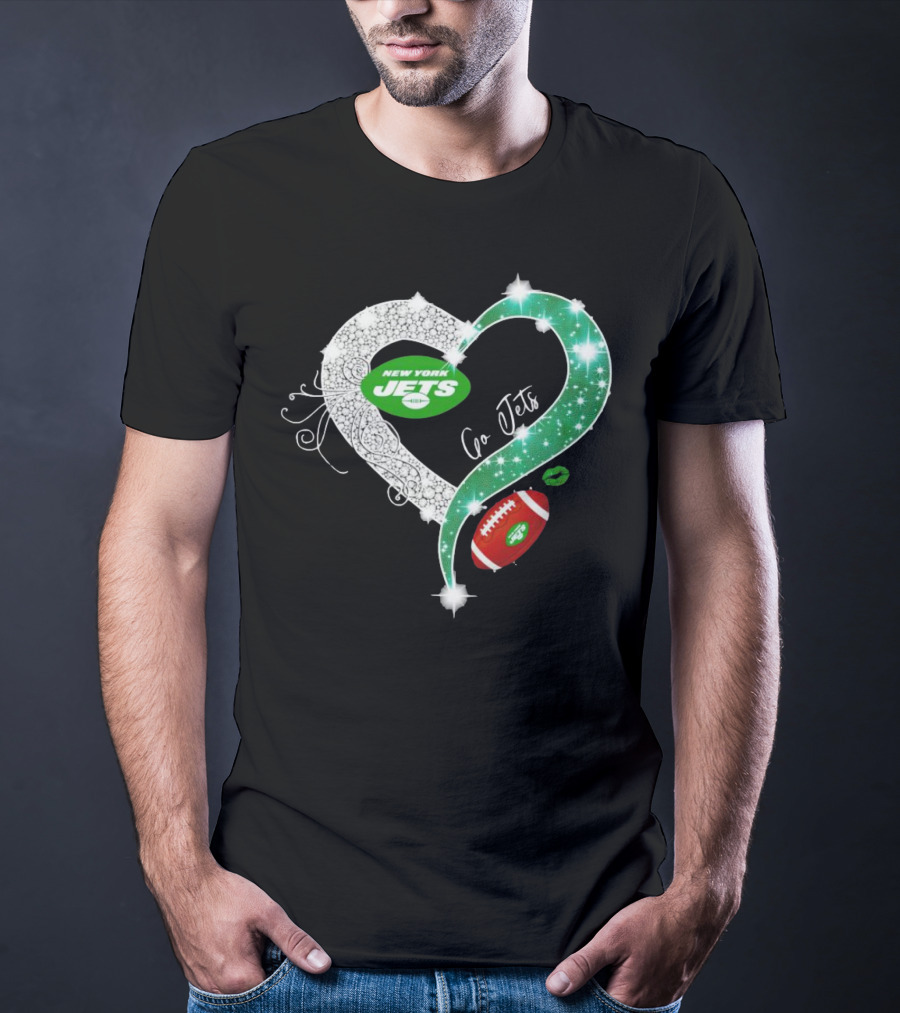 New York Jets Go Jets Diamond Heart Green Football Sparkle T-Shirt