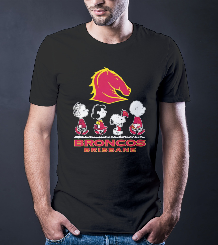 Broncos Brisbane Peanuts Characters Walking Under Horse T-Shirt