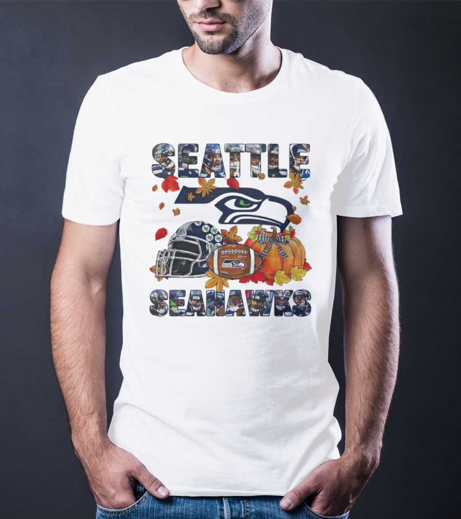 Seattle Seahawks Autumn Leaf Helmet Football Pumpkin T-Shirt