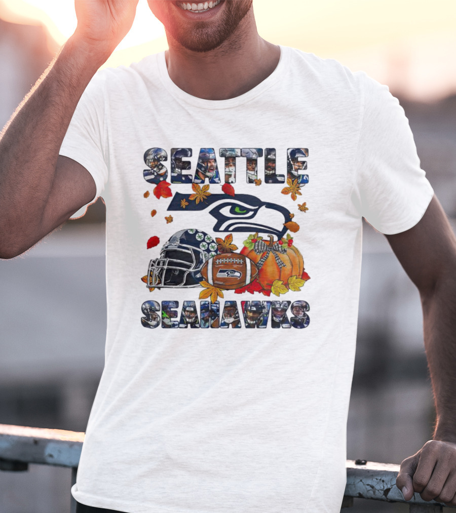 Seattle Seahawks Autumn Leaf Helmet Football Pumpkin T-Shirt