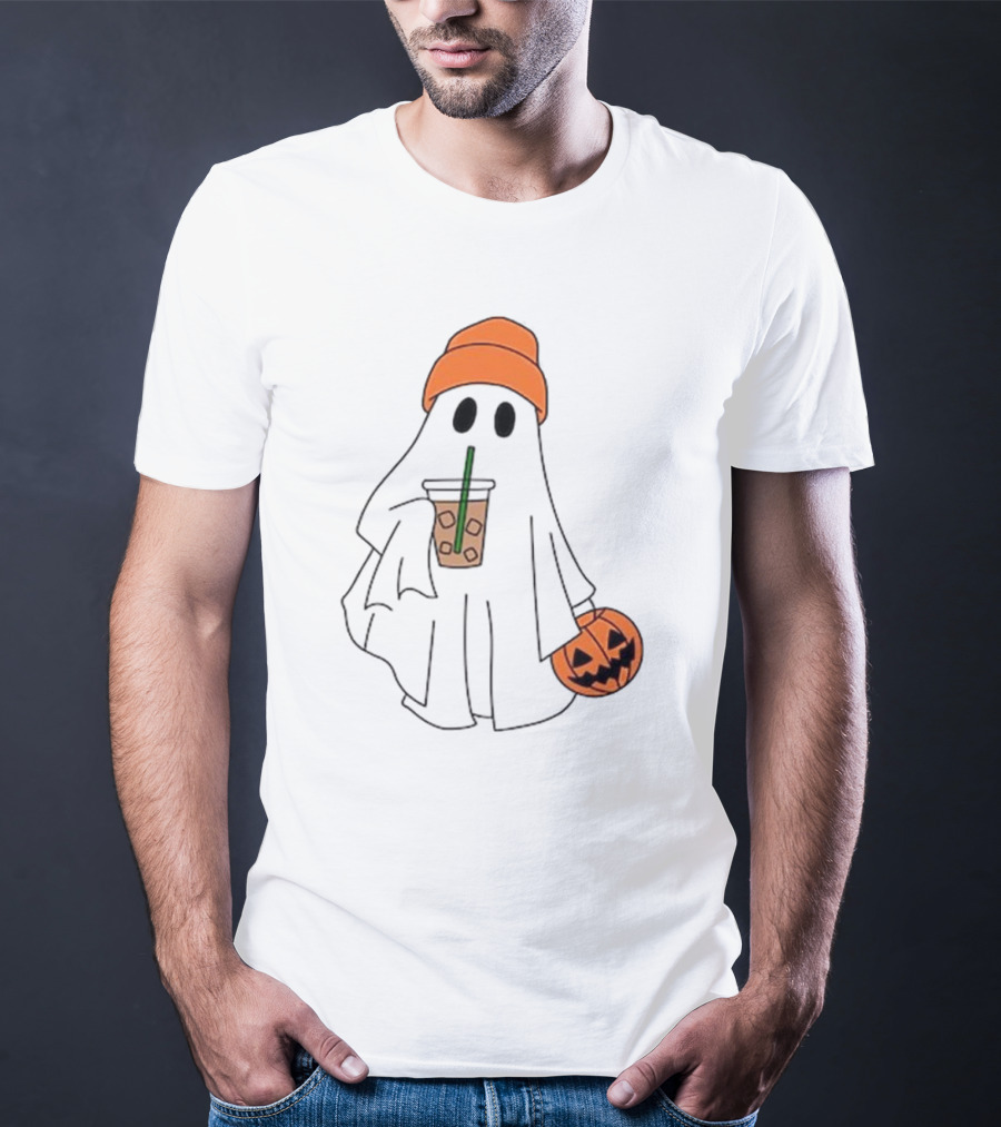Cute Ghost Drinking Ice Coffee With Pumpkin Hat T-Shirt