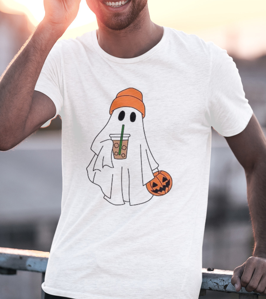 Cute Ghost Drinking Ice Coffee With Pumpkin Hat T-Shirt