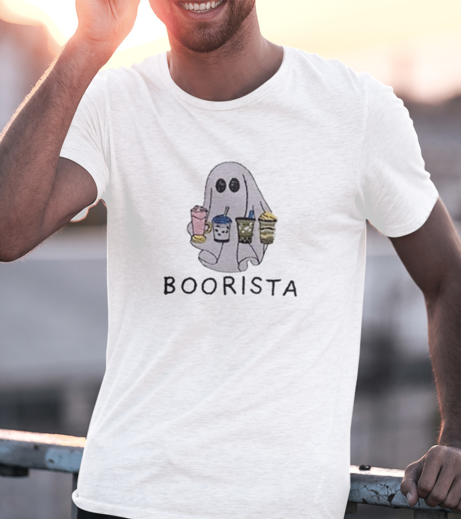 BOORISTA Ghost Holding Boba Drinks Halloween T-Shirt