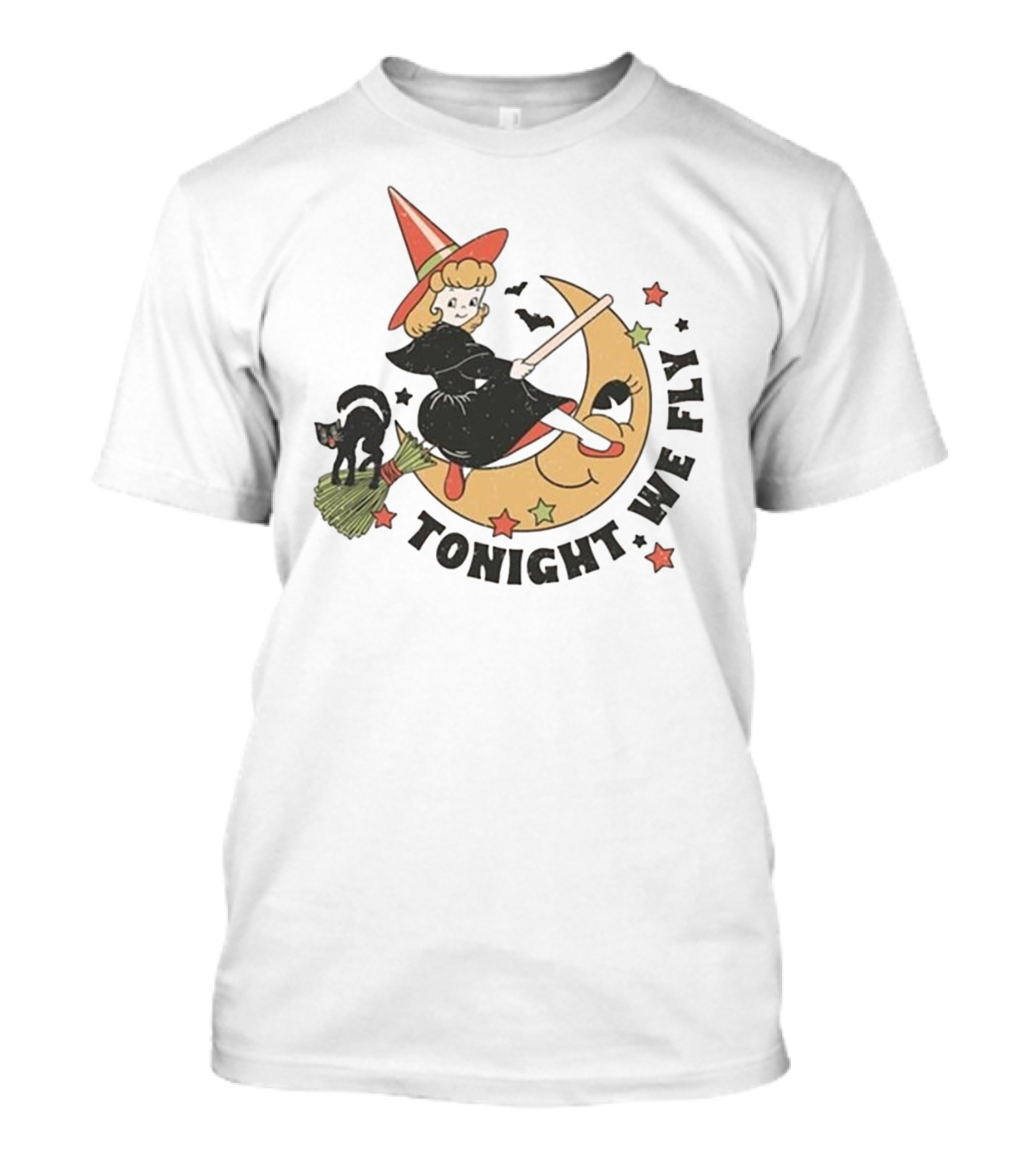 Tonight We Fly Witch On Moon Halloween Cat Stars T-Shirt