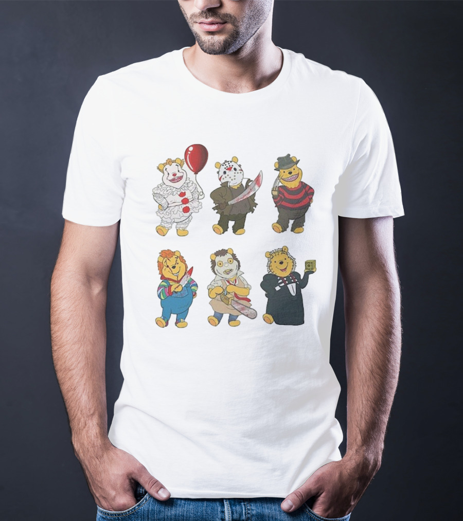 Pooh Bear Halloween Horror Characters Pennywise Jason Freddy Chucky Leatherface Pinhead T-Shirt