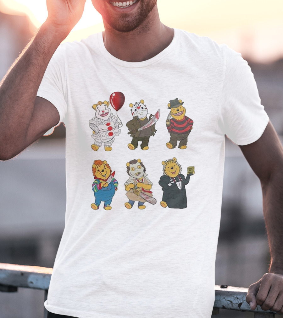 Pooh Bear Halloween Horror Characters Pennywise Jason Freddy Chucky Leatherface Pinhead T-Shirt