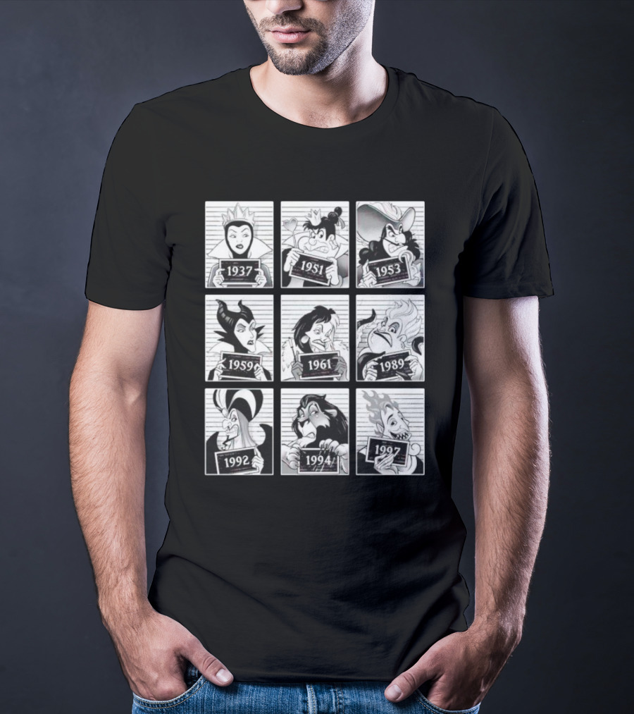 Walt Disney Cartoon Main Antagonists Year Lineup Mugshots 1937 To 1997 T-Shirt