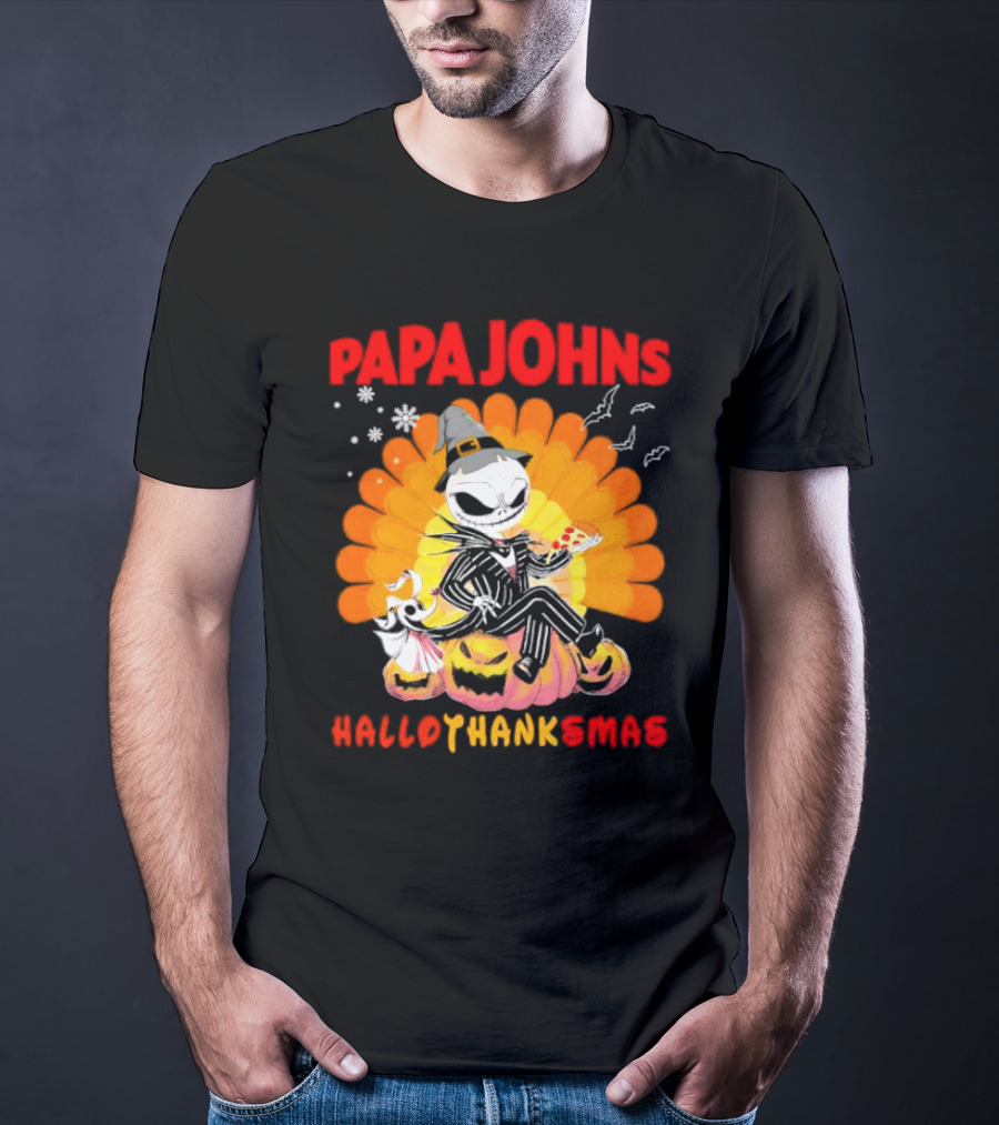 Papa Johns Jack Skellington Halloween HalloThanksMas Turkey Pizza T-Shirt