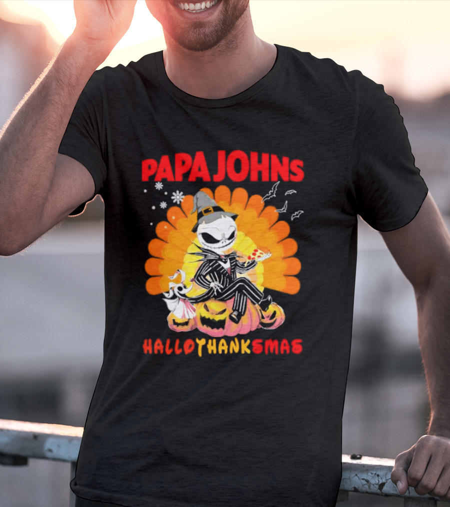 Papa Johns Jack Skellington Halloween HalloThanksMas Turkey Pizza T-Shirt